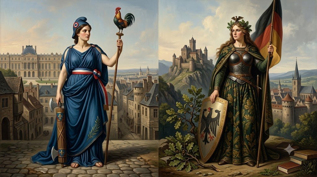 Marianne representing France and Germania representing Germany