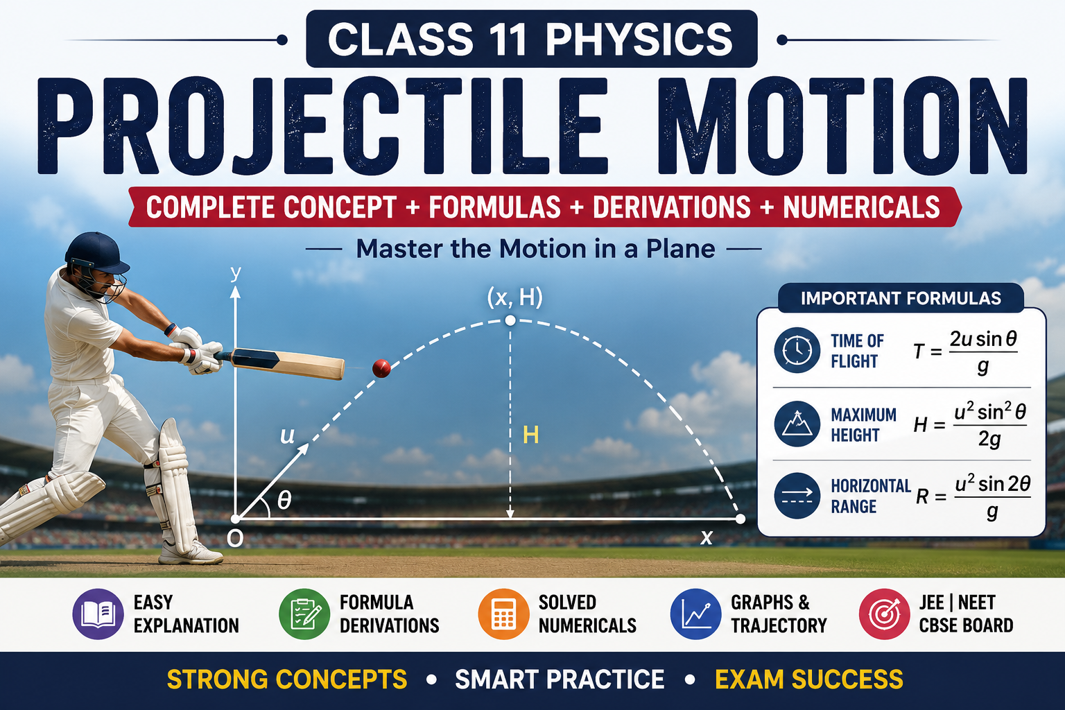 Projectile Motion Class 11 Physics (2026–27): Formula, Graphs & Solved Numericals